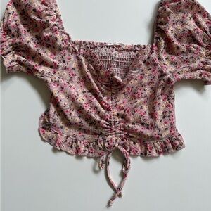 Timing Pink and White Ruched Puff Sleeve Blouse